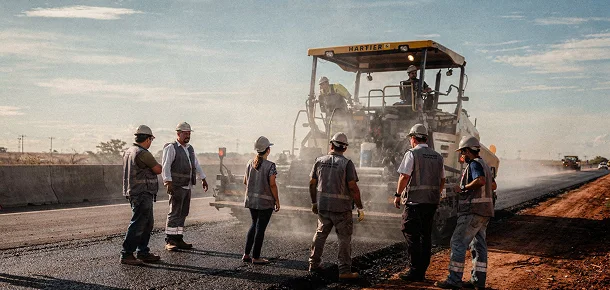 Equipe mobilizada trabalhando em uma obra rodoviária