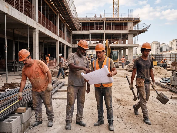 Equipe operacional caminhando em um canteiro de obras