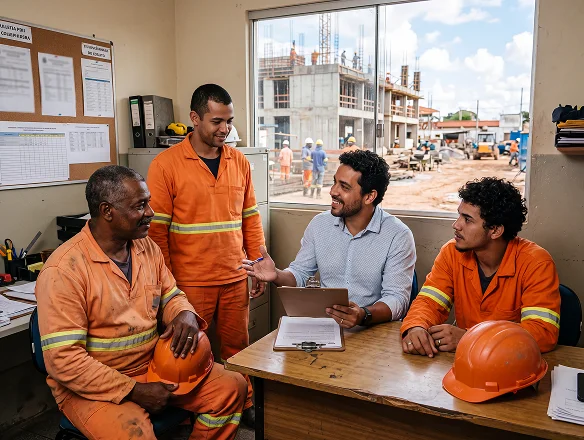 Equipe de RH conversando com profissionais da construção civil