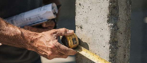 Profissional medindo uma estrutura de concreto no canteiro de obras