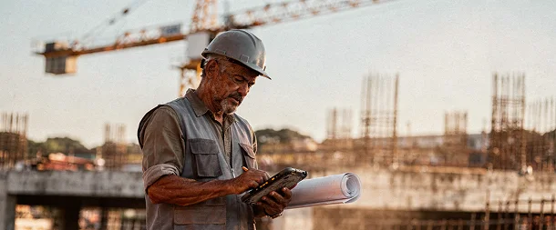 Profissional experiente analisando o planejamento em um canteiro de obras